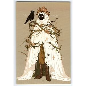 Vintage Halloween Ghost Postcard with Crow and Floral Vines, Photochrome